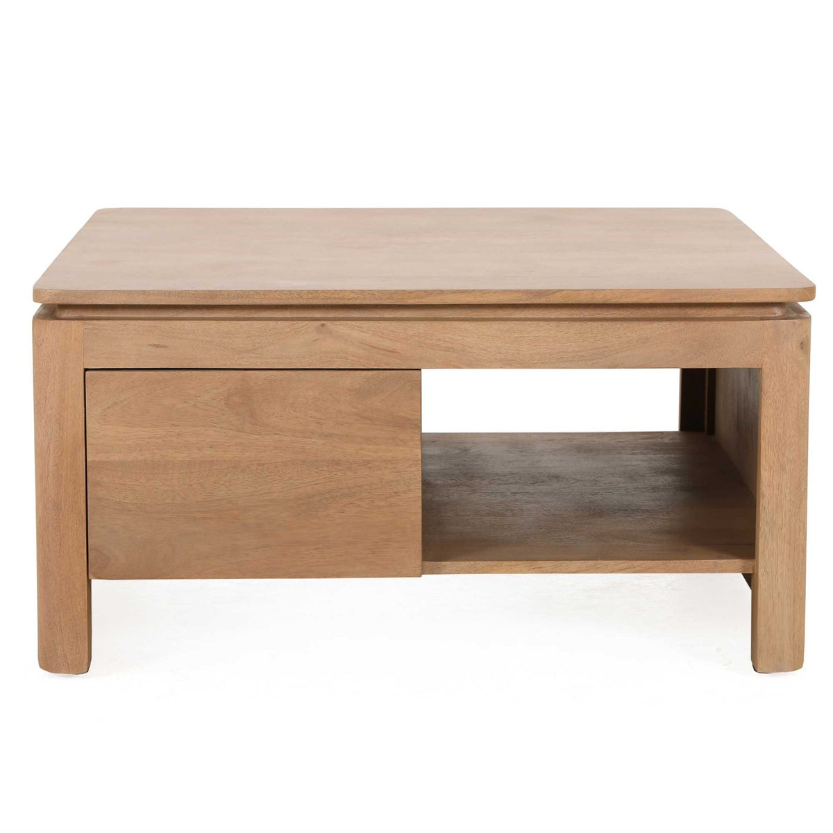 Vierkante salontafel met open vak en lade, naturel mangohout, grijs blad en houten poten