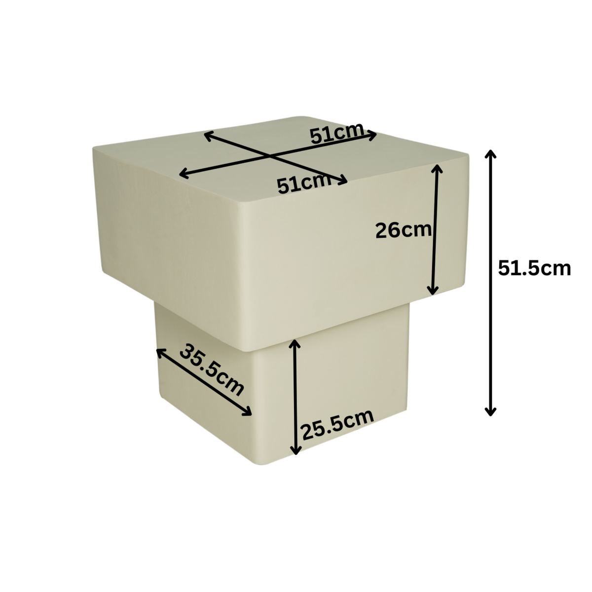 Crème salontafel met rond blad en blokvormig onderstel met afgeronde hoeken