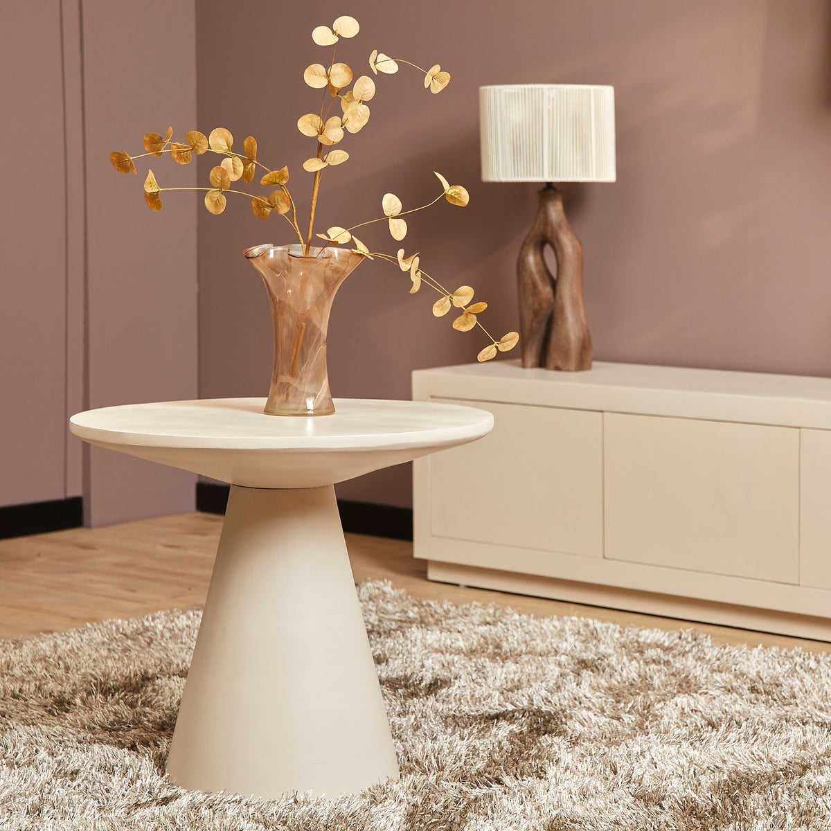 Salontafel Bellis met rond wit blad en taps onderstel