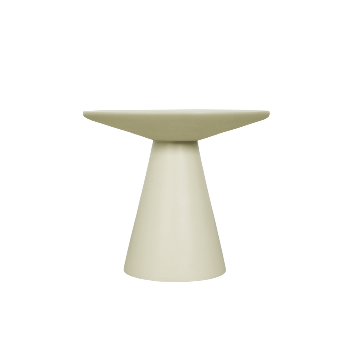 Ronde witte salontafel met brede bladrand en taps onderstel