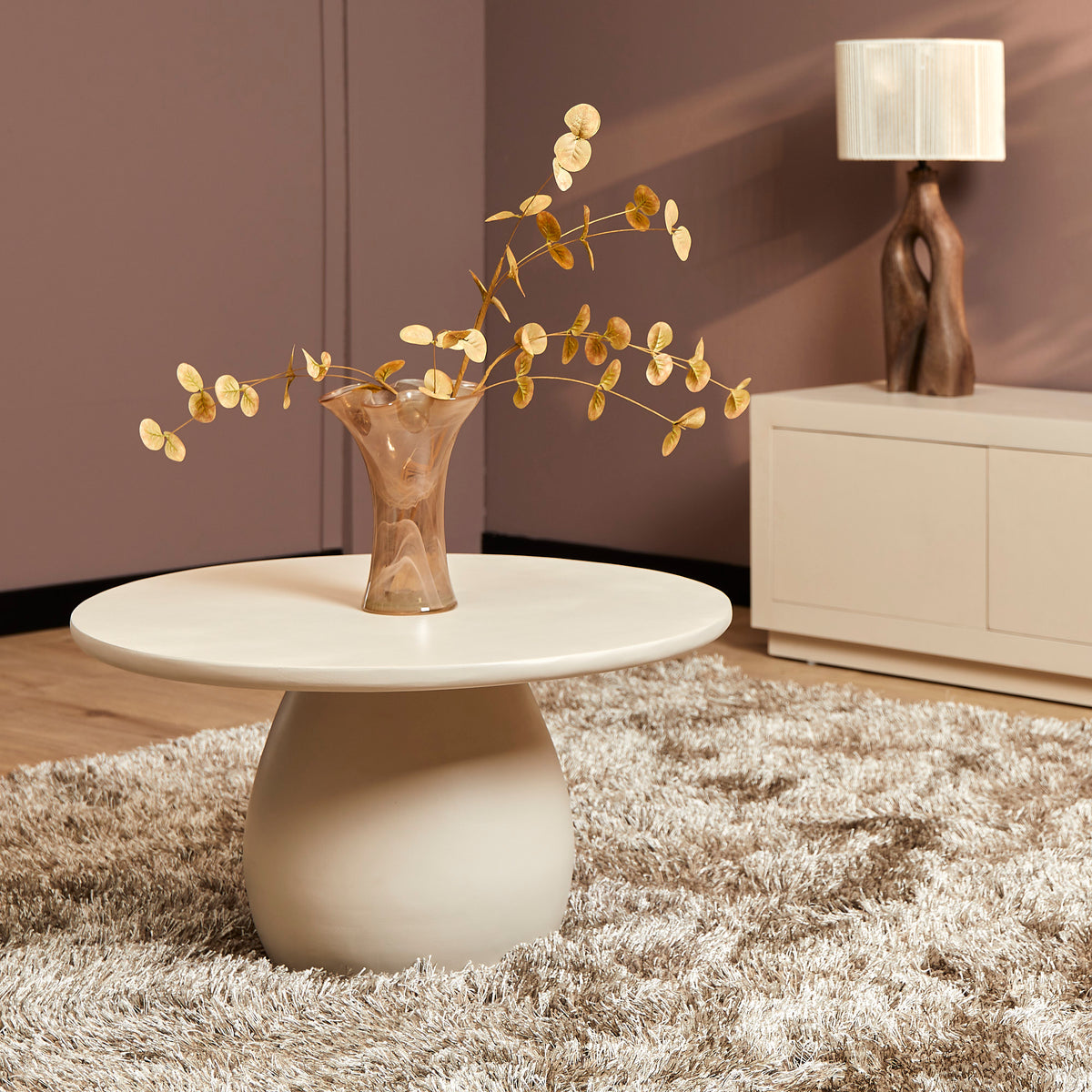 Salontafel met ronde witte blad en bolvormig onderstel, 70 cm breed