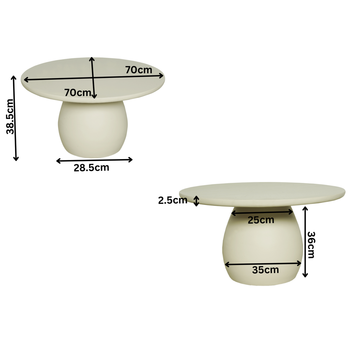 Afmetingen salontafel: blad 70 cm, hoogte 38,5 cm, voet 28,5 cm