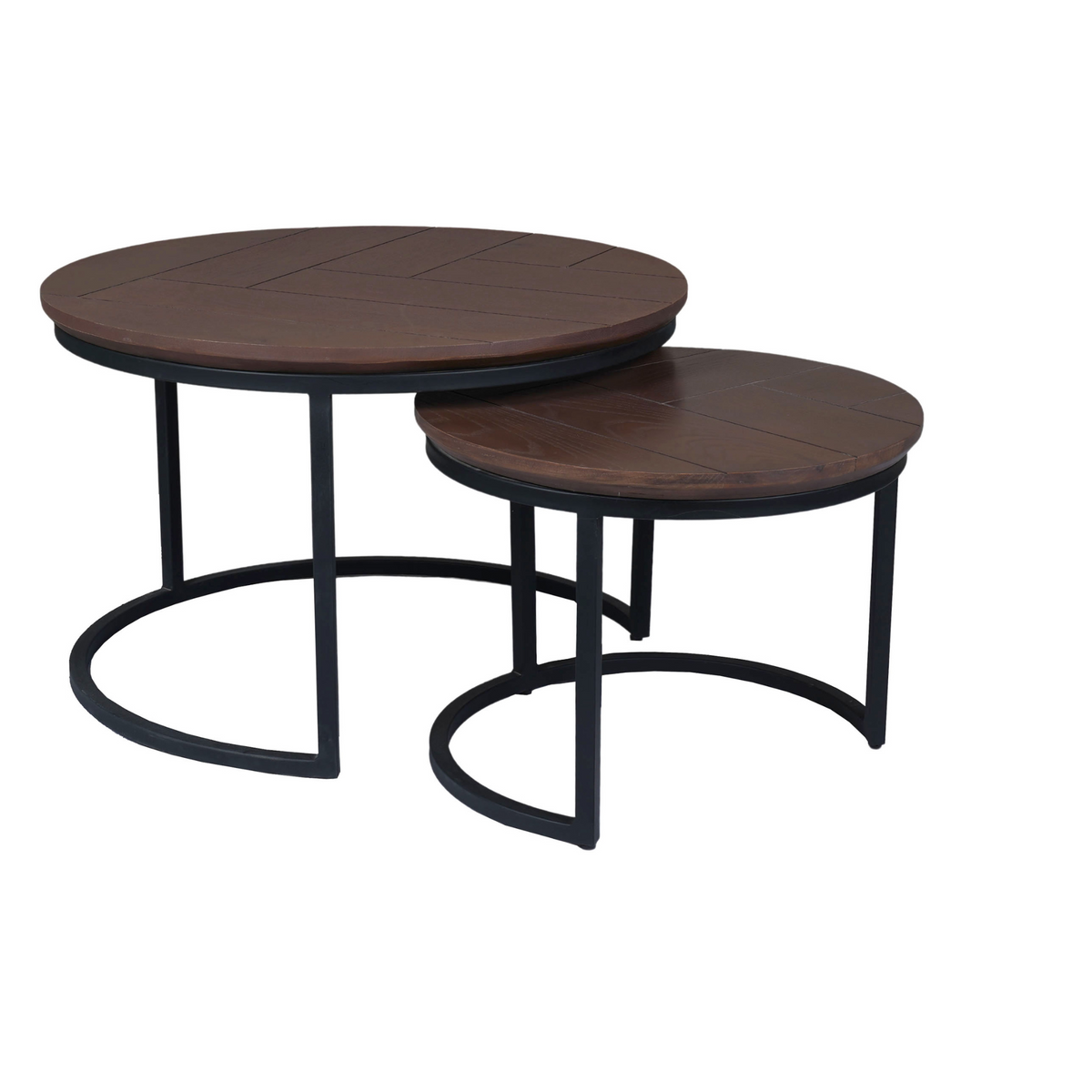 Set van 2 ronde salontafels met donkere houten bladen en zwart metalen frame