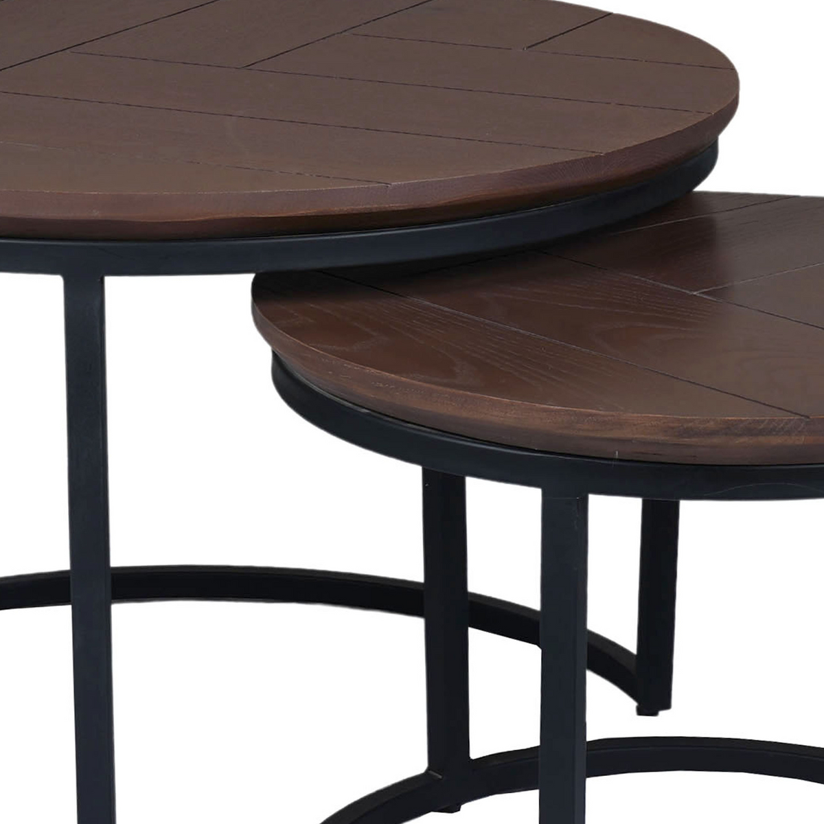 Set van 2 ronde salontafels met zwart onderstel en bruine eikenbladen