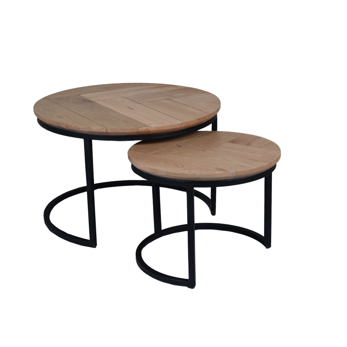 Set van 2 ronde salontafels, eiken houten bladen met zwart metalen frame