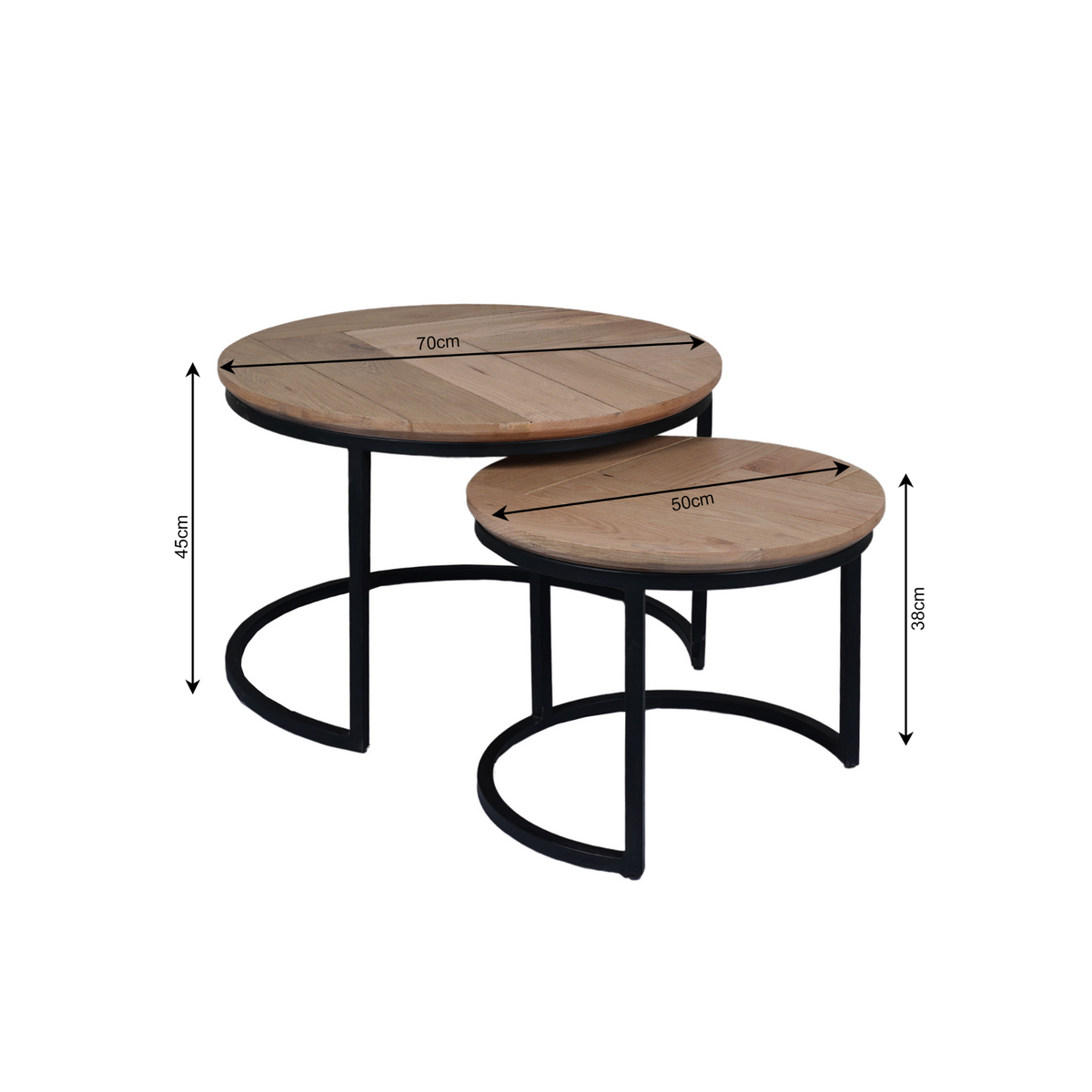 Set van 2 ronde salontafels met maten: 70 cm en 50 cm, zwarte poten