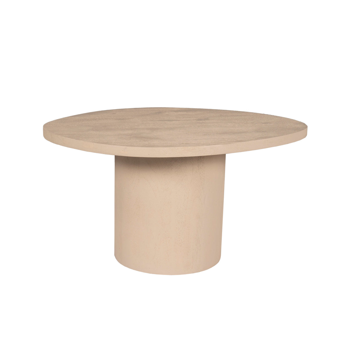 Zandkleurige salontafel met rond blad en glad cilindrisch onderstel