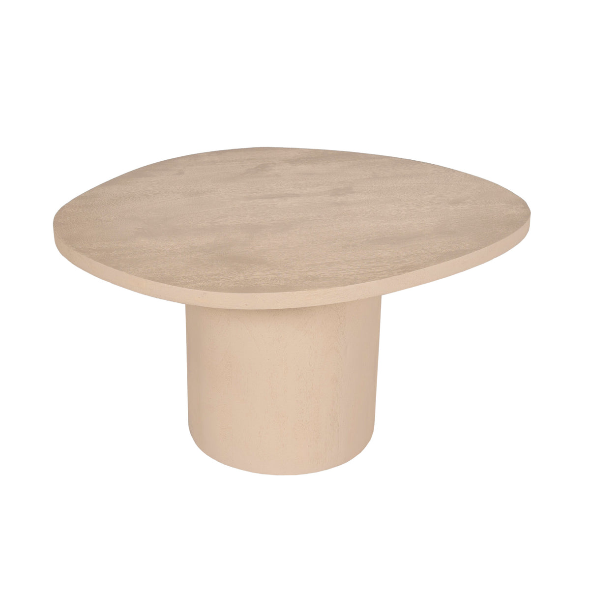 Ronde salontafel met zandkleurig blad en cilindrische voet, strakke vorm