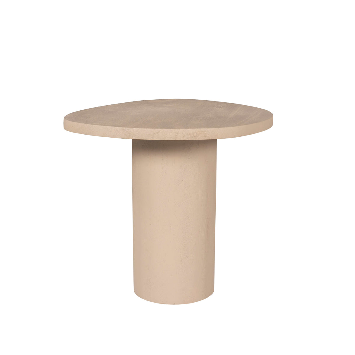 Zandkleurige salontafel met rond blad en enkel cilindrisch onderstel