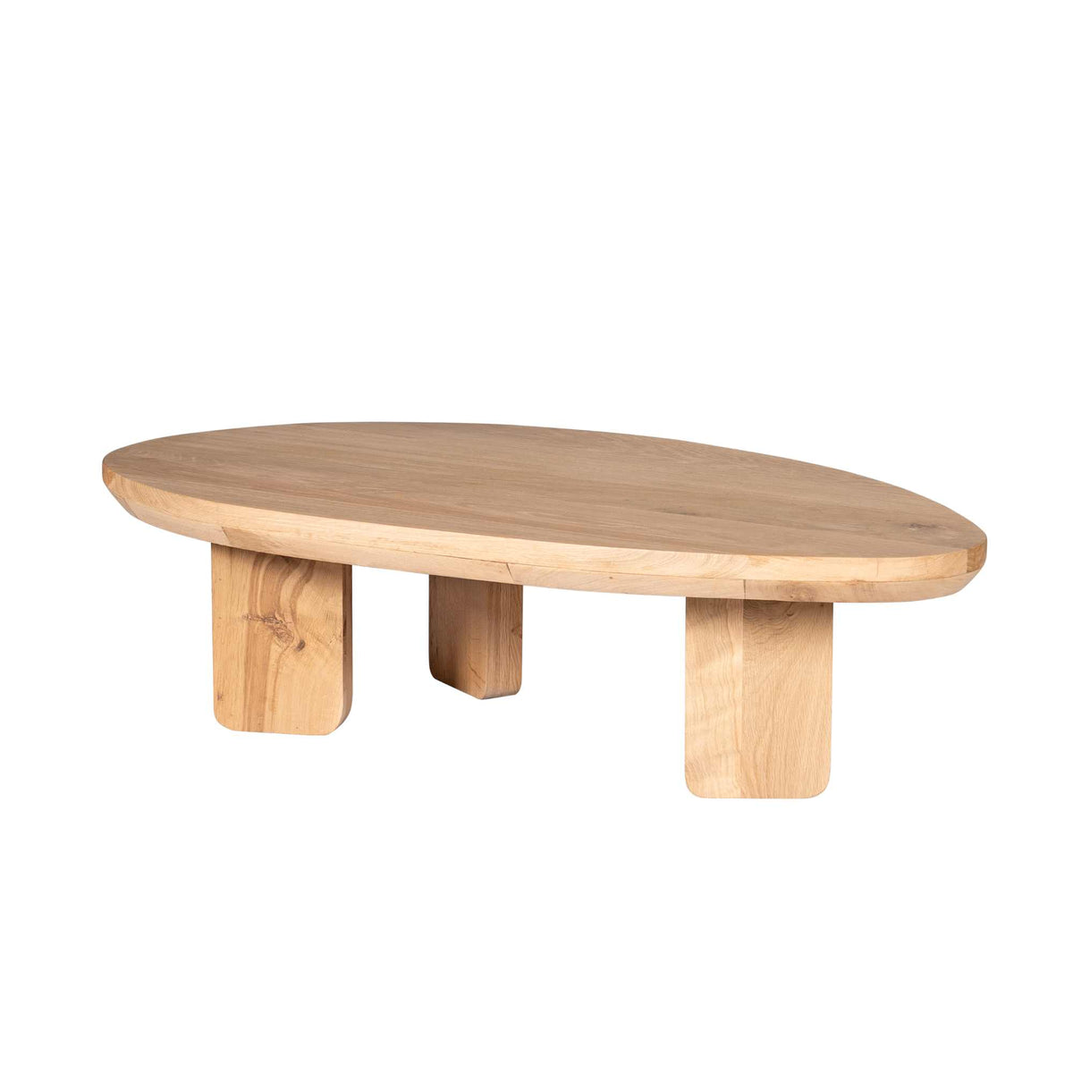 Salontafel van naturel eiken met ovaal blad en vier gedraaide houten poten