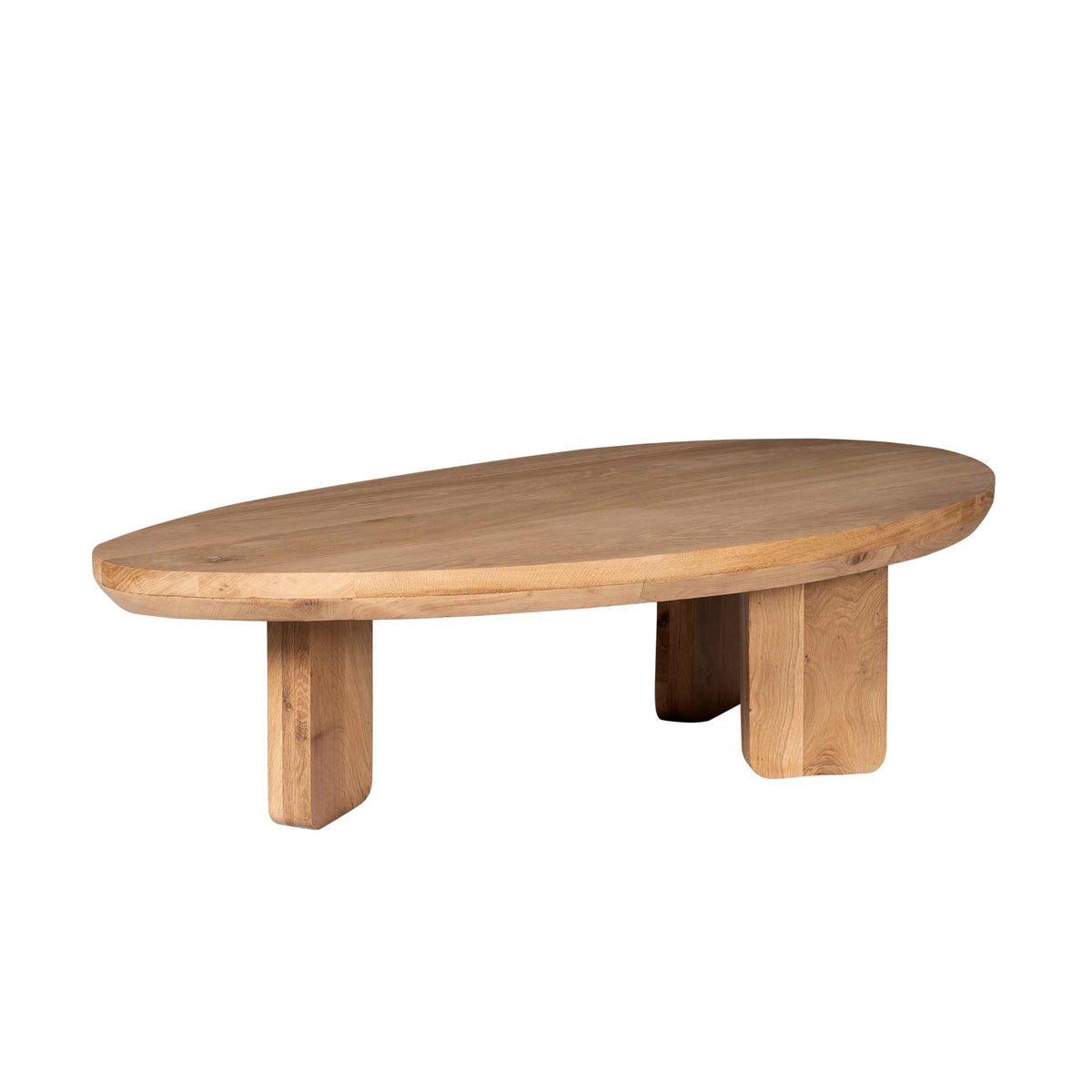 Ovale salontafel van natuur eiken met gestroomlijnd afgerond blad en stevige poten