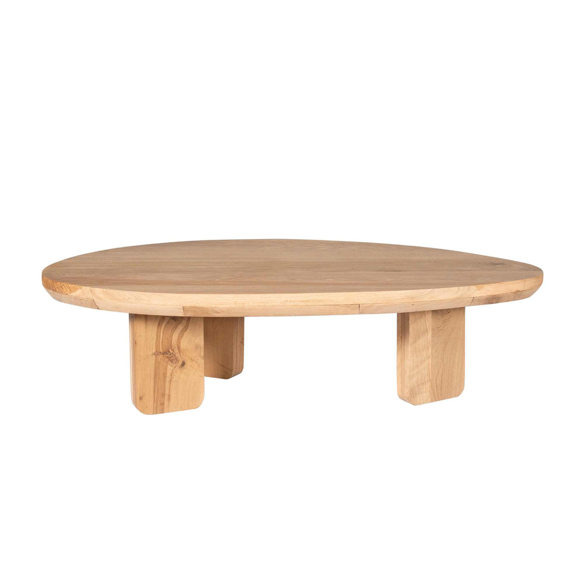 Ovale salontafel van natuur eiken met glad rond blad en vier houten steunen