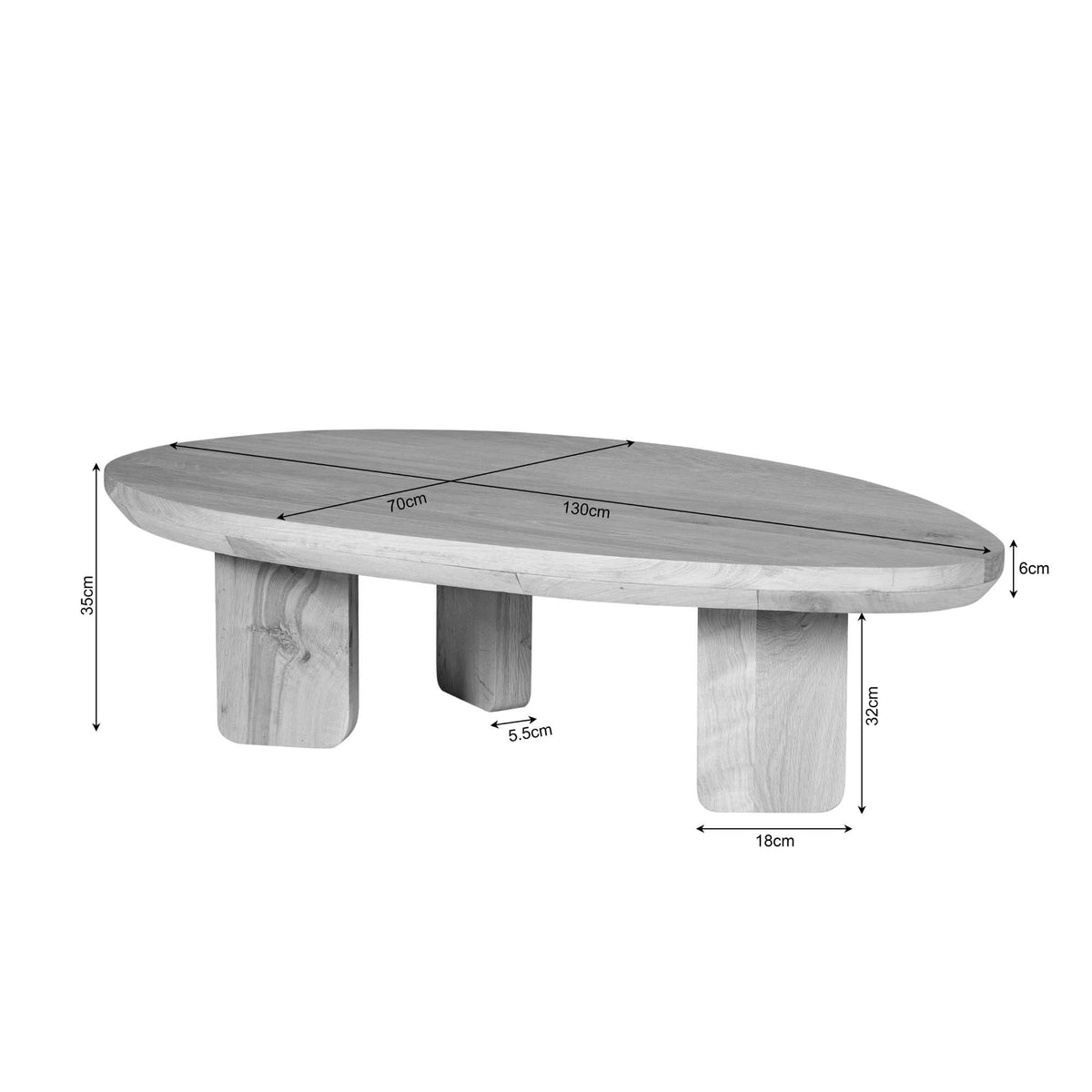 Salontafel van naturel eiken met afmetingen: 130 cm lang, 55 cm breed, 30 cm hoog