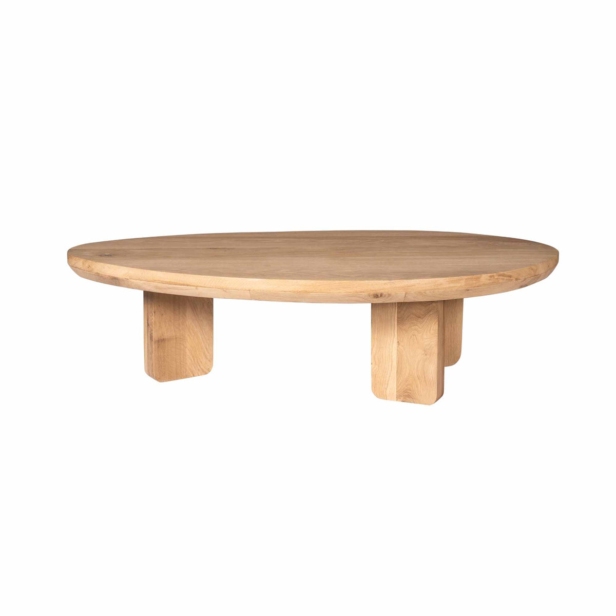 Ronde salontafel van naturel eiken, studio-weergave van rond blad en onderstel