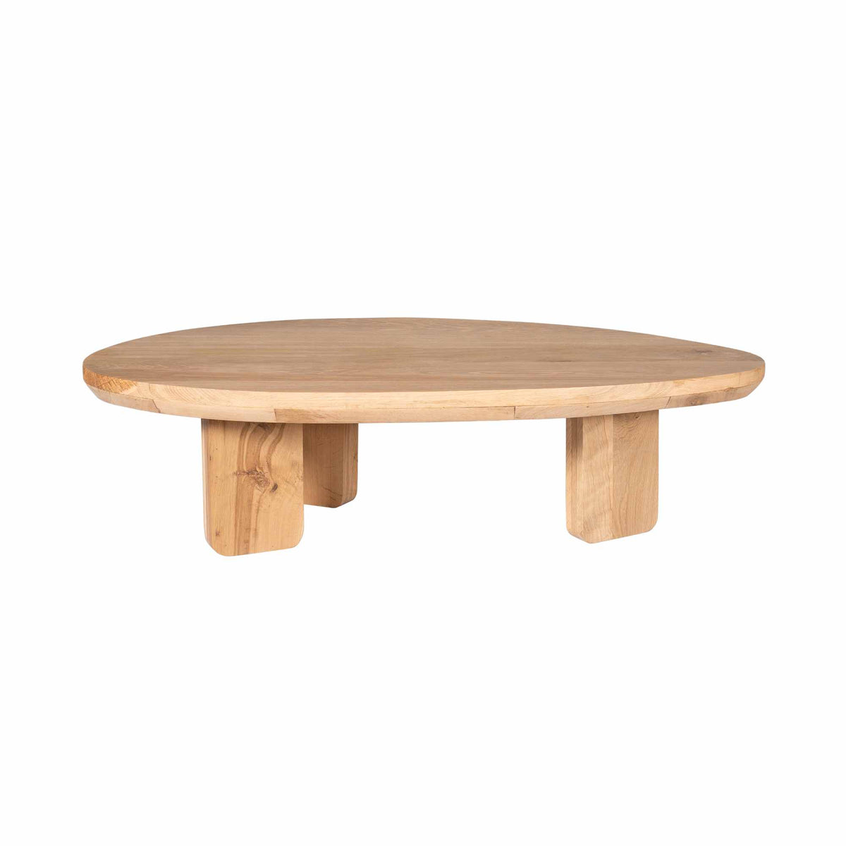 Ronde salontafel van naturel eiken met rechthoekige poten en rond houten blad