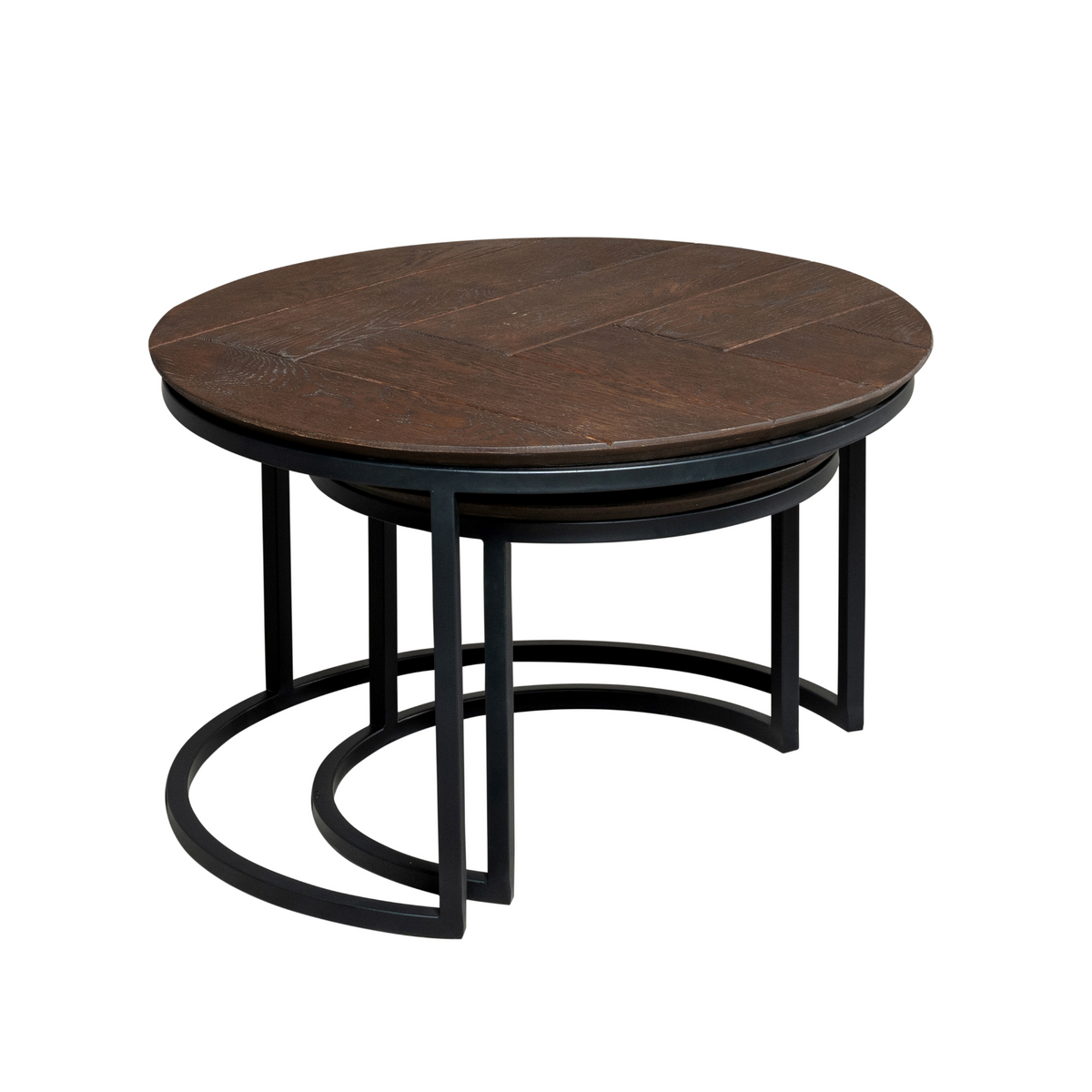 Set van 2 ronde salontafels met bruin eiken blad en zwart metalen onderstel