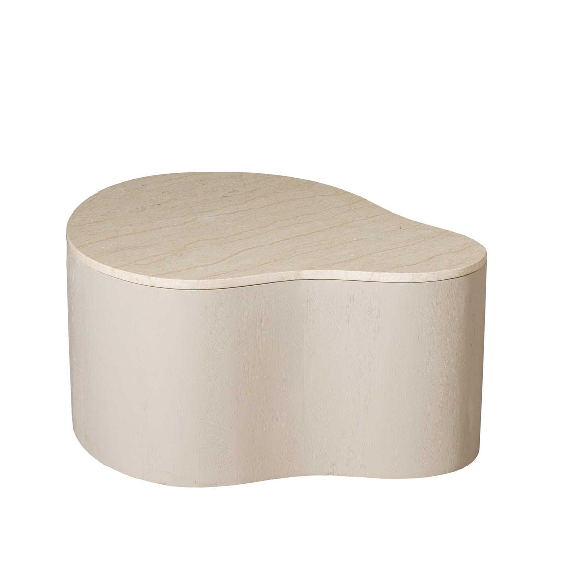 Zandkleurige ovale salontafel met halfrond blad en afgeronde basis