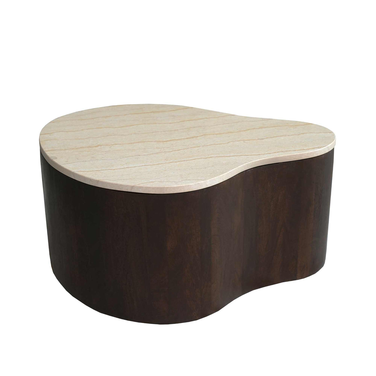 Salontafel met donkerbruine houten voet en beige, houtnerf blad met afgeronde randen