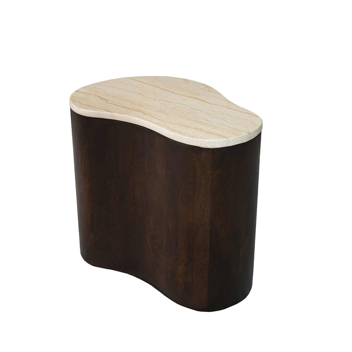 Bruine ronde salontafel met licht houten bovenblad en massieve houtlook zijkanten