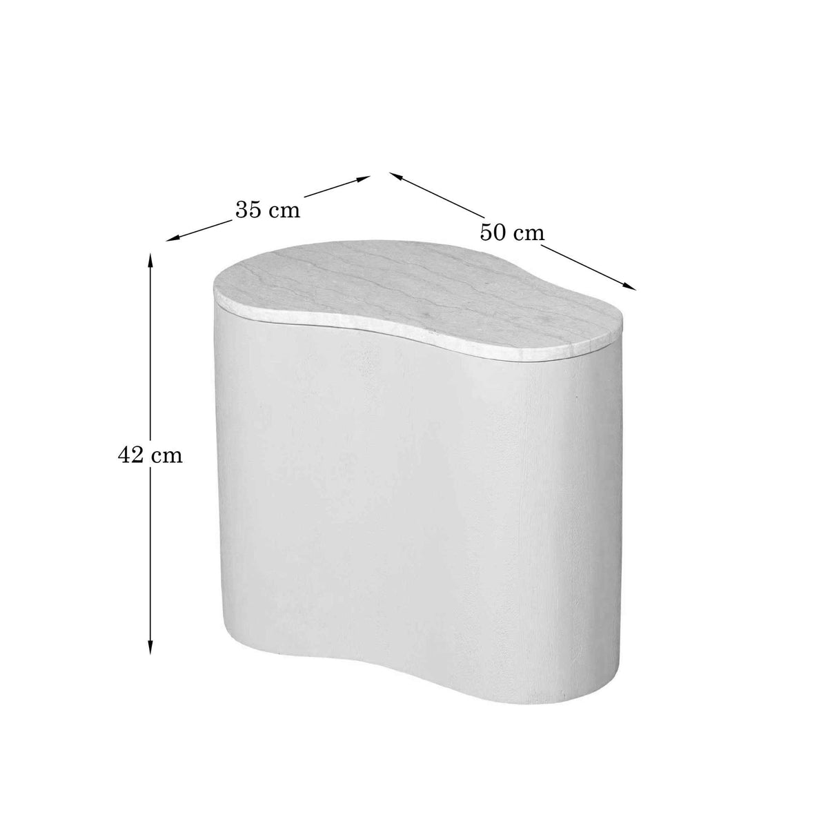 Bruine salontafel met maatvoering: 50 cm breed, 42 cm hoog, 35 cm