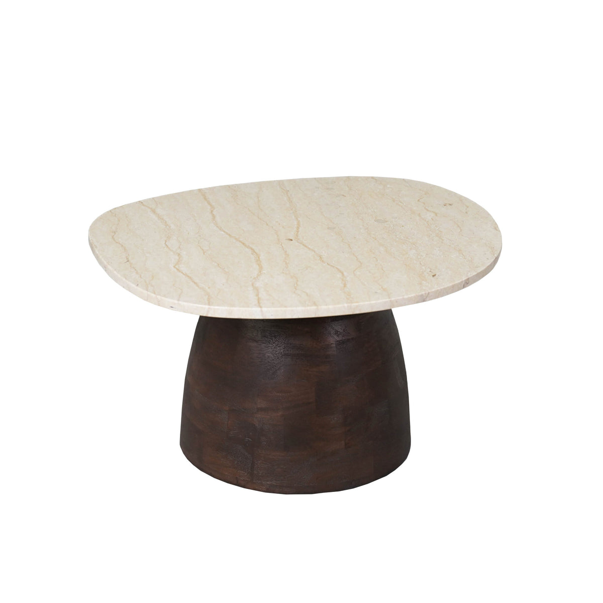 Ronde salontafel met beige marmeren bovenblad en donkere houten voet
