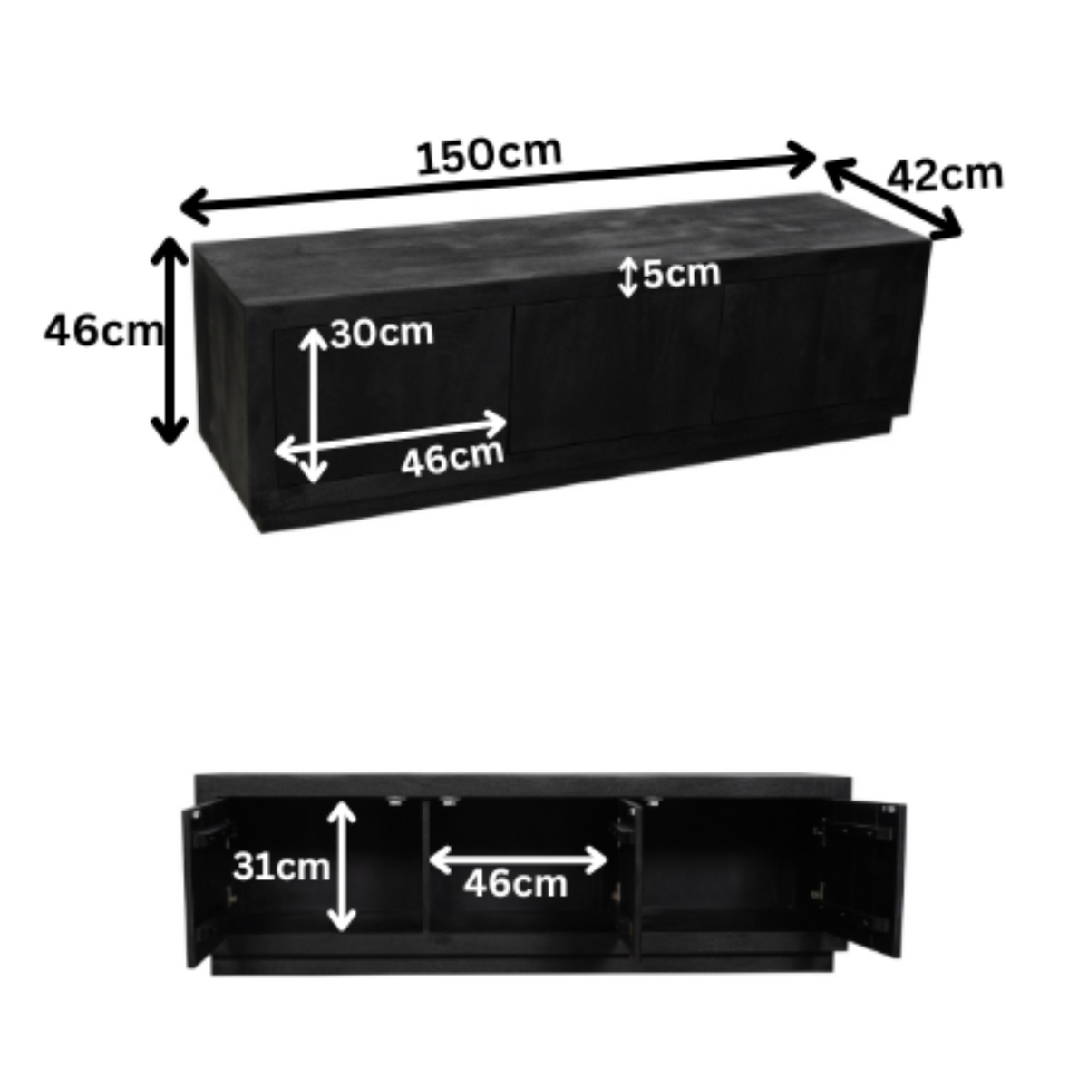 Zwart tv-meubel Brussel met afmetingen 150×46×42 cm