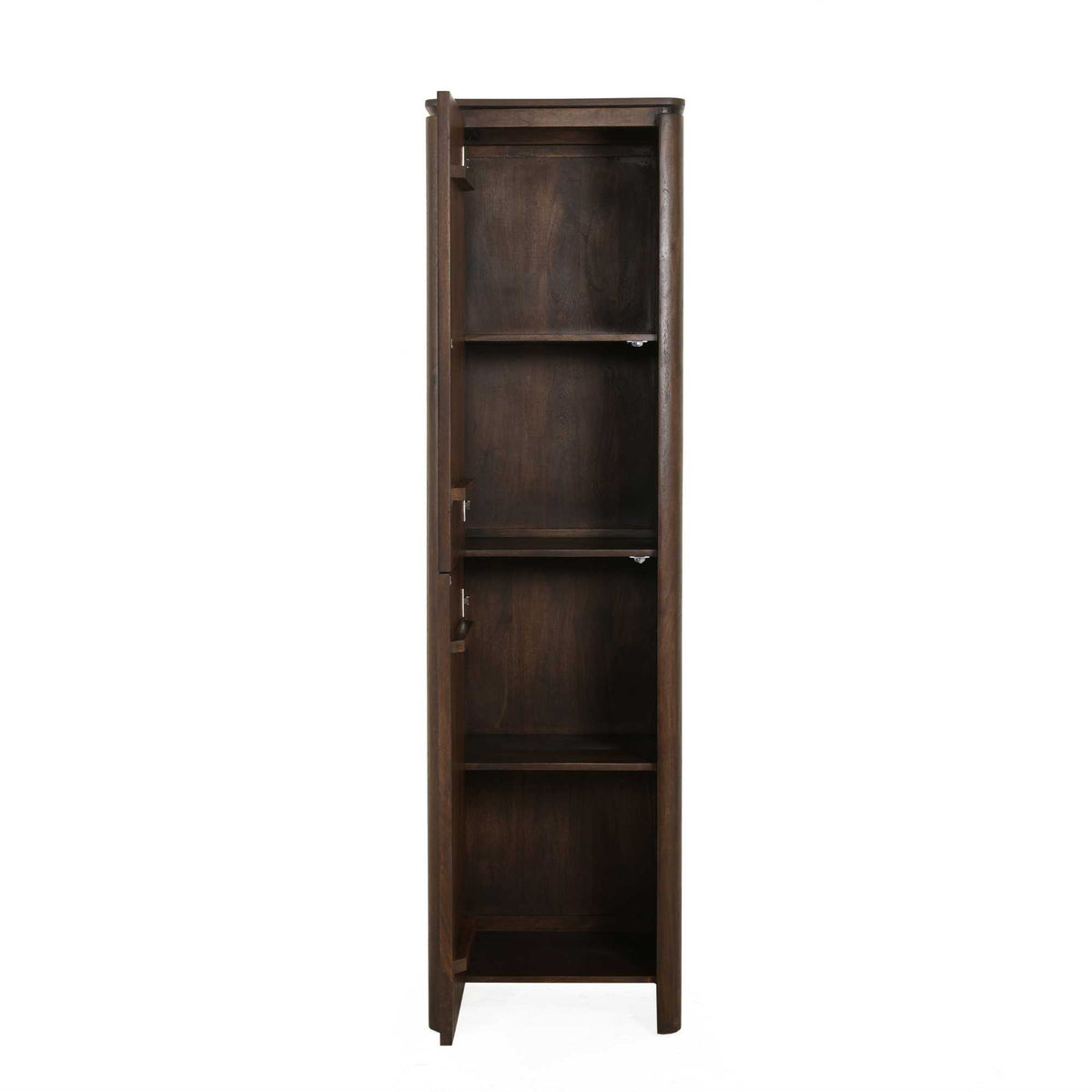 Hoge open kast in bruin hout met legplanken en zijpanelen