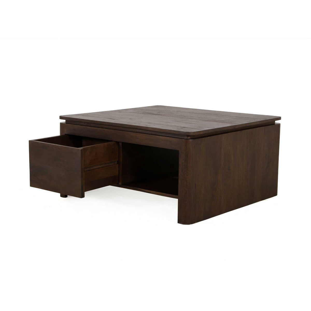 Vierkante salontafel bruin mangohout met open schuiflade en ingebouwd vak.