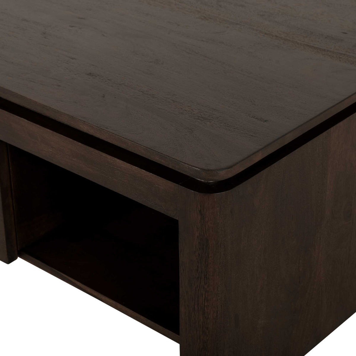 Vierkante salontafel bruin mangohout met stevige zijwand en donker blad.