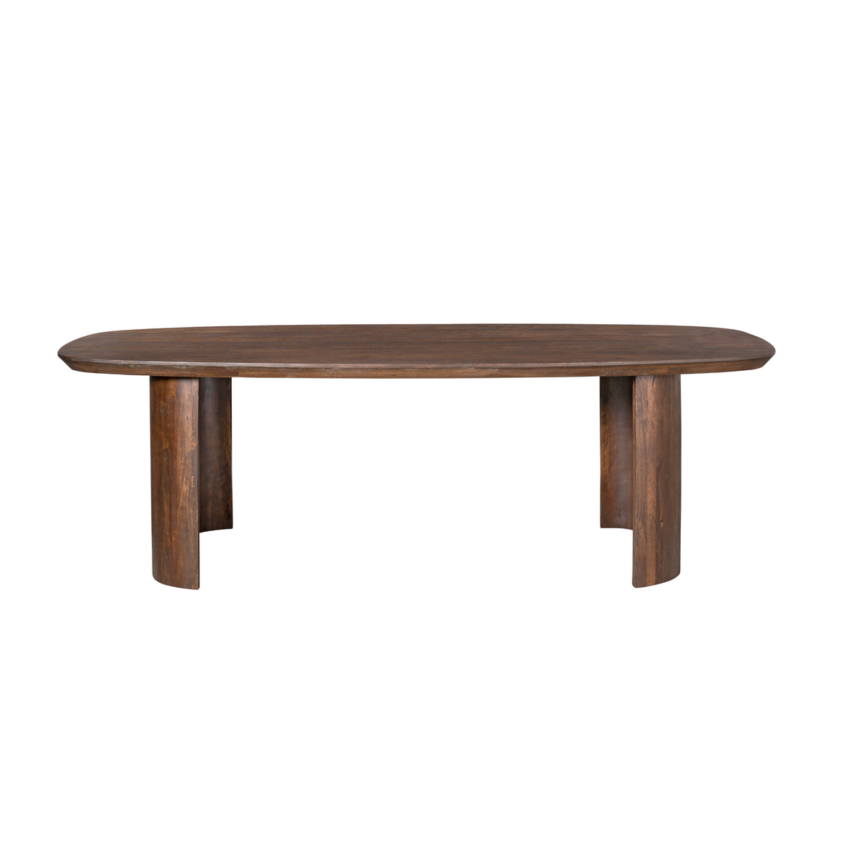 Eettafel Maré van bruin hout, blad afgerond, 4 poten, 300 cm lang