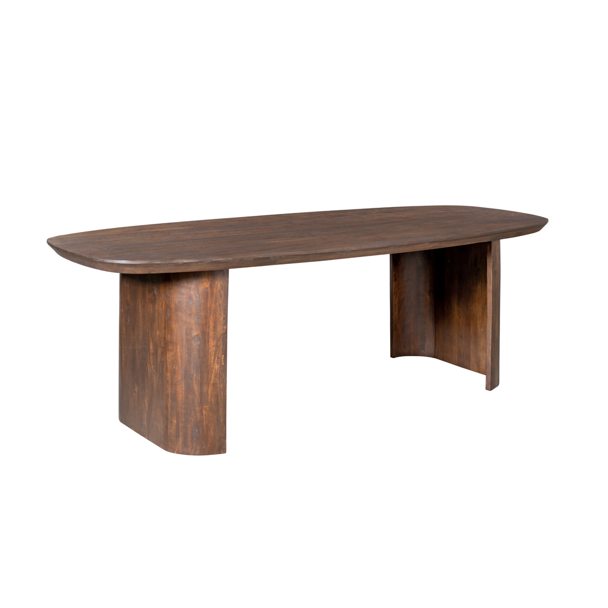 Eettafel van bruin hout met langwerpig blad en massieve, taps toelopende poten