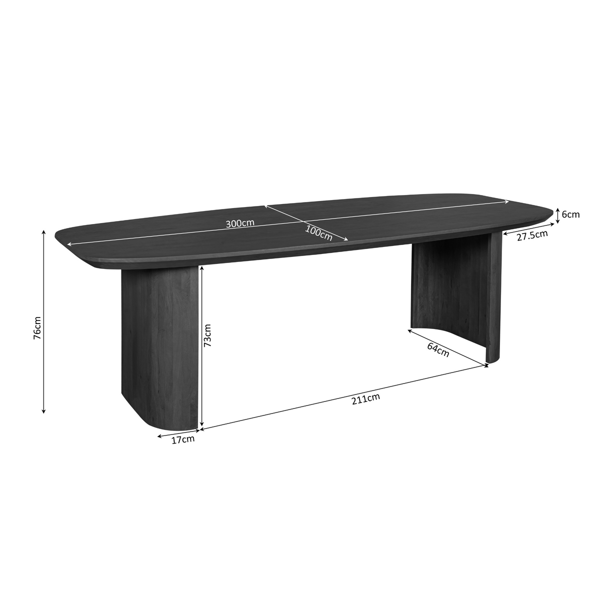 Eettafel van bruin hout met afmetingen 300×100 cm en vier brede poten