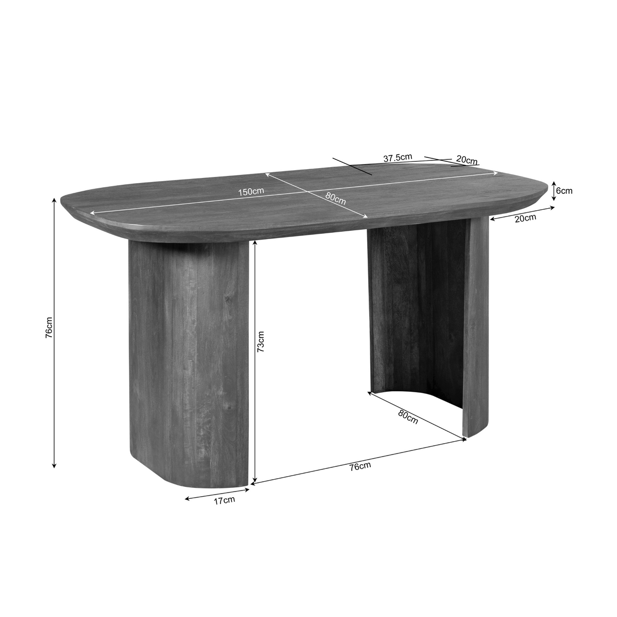 Bruin houten bureau met afgerond blad, afmetingen weergegeven in tekening