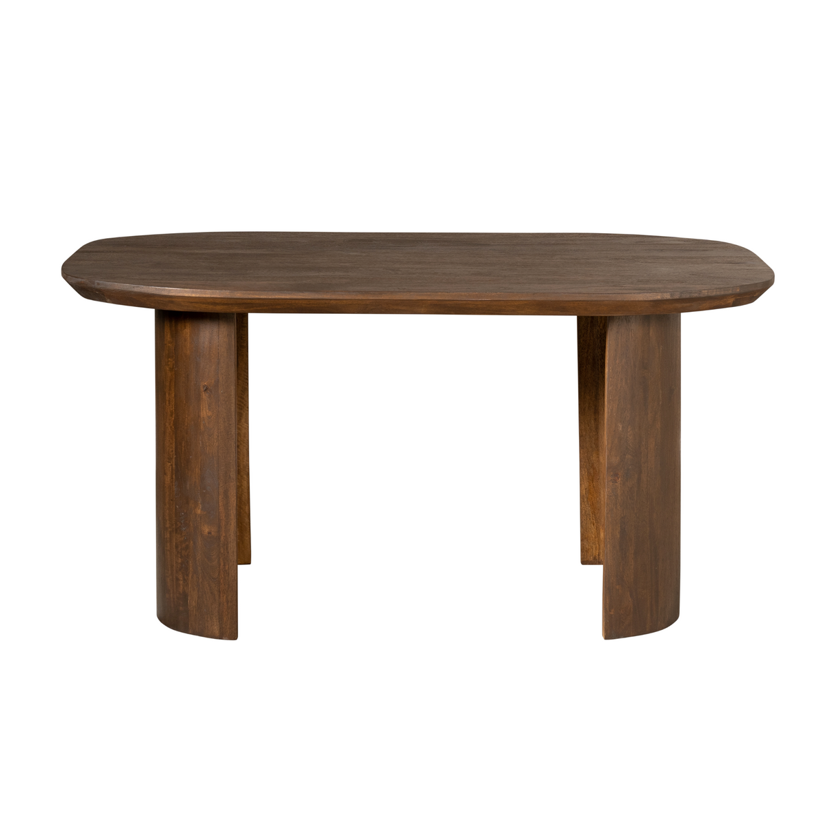 Bruin houten bureau met rond tafelblad en vier stevige poten