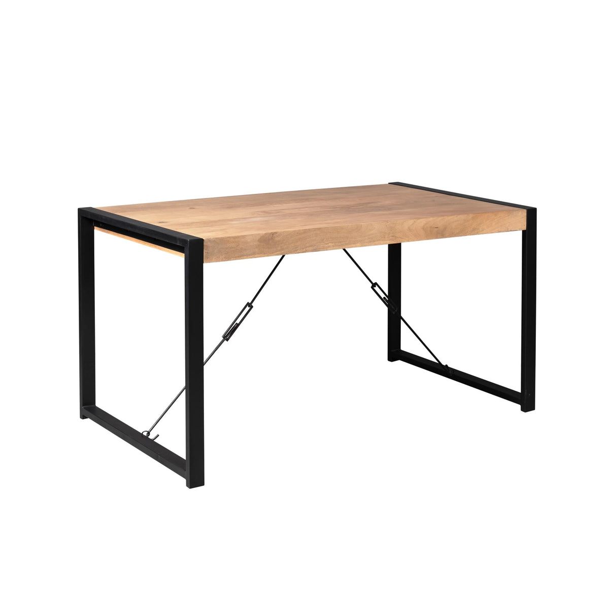 Eettafel met houten blad en zwart metalen frame, zijaanzicht met diagonale stangen.