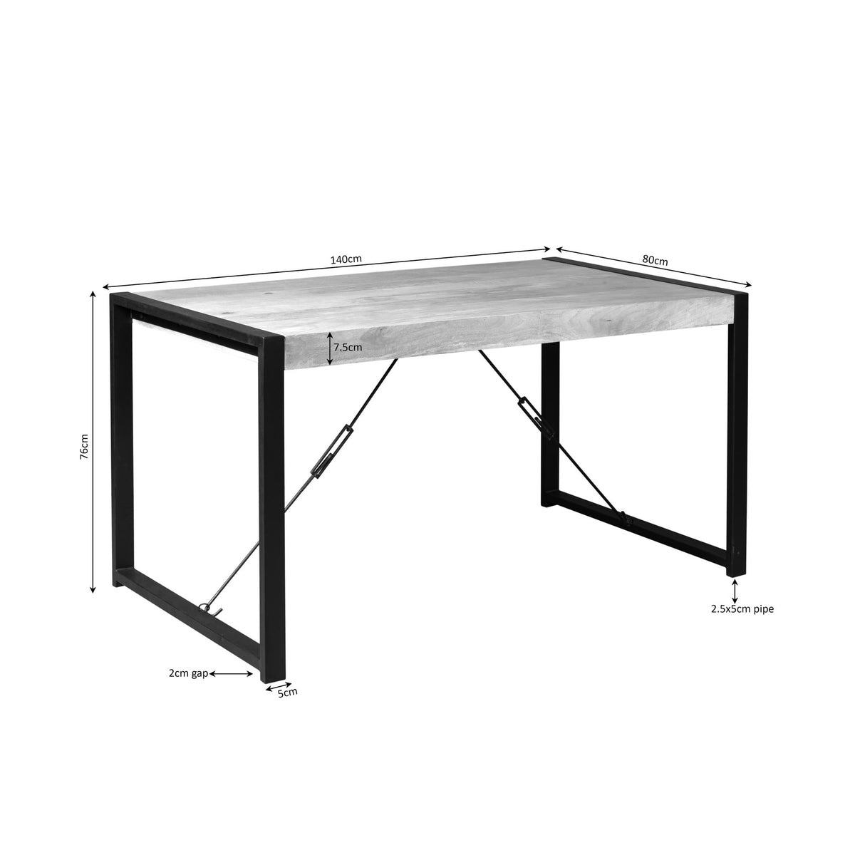 Eettafel met houten blad en zwart metalen frame, afmetingen 140×80 cm.