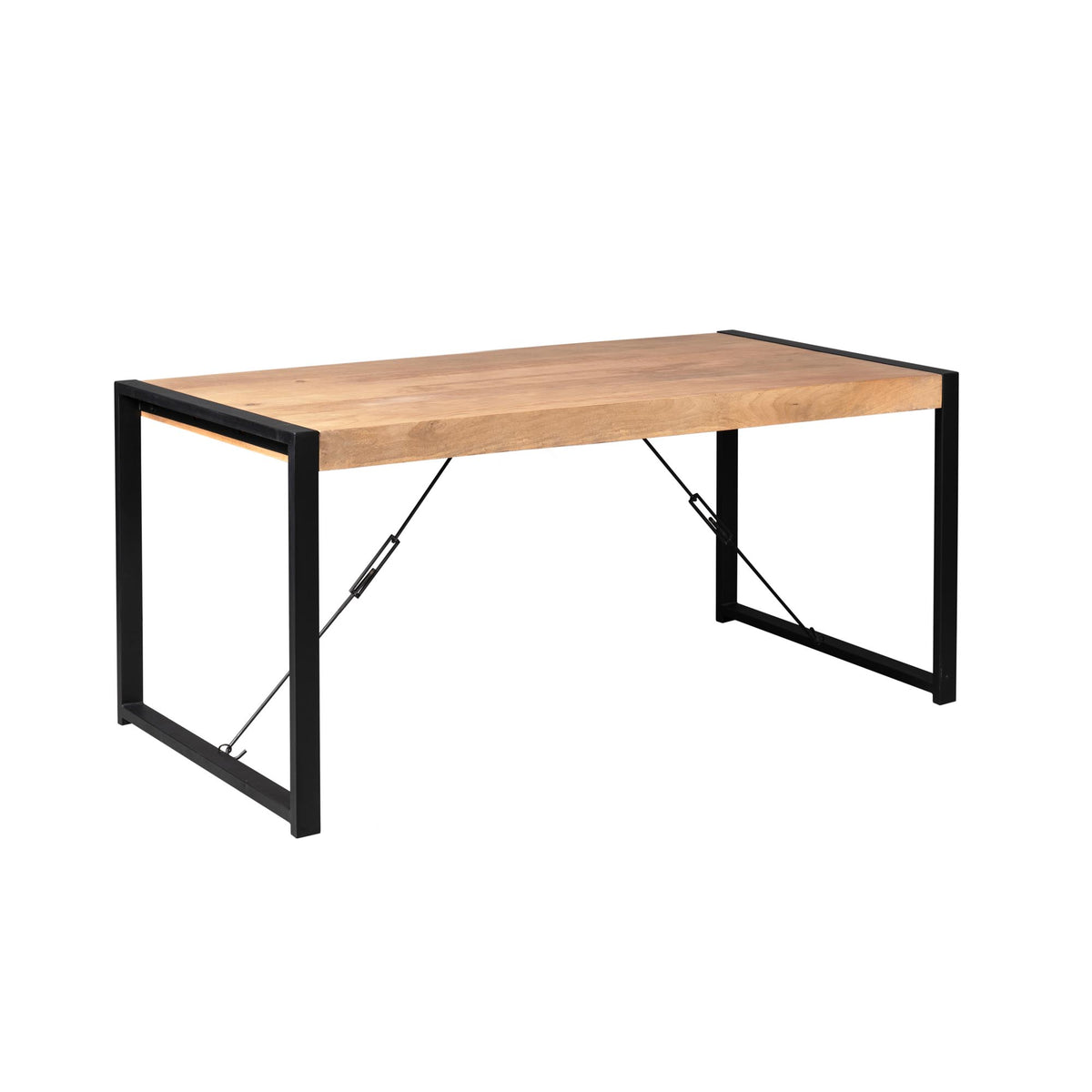Eettafel met eikenhouten blad en zwart metalen frame, driekwart aanzicht