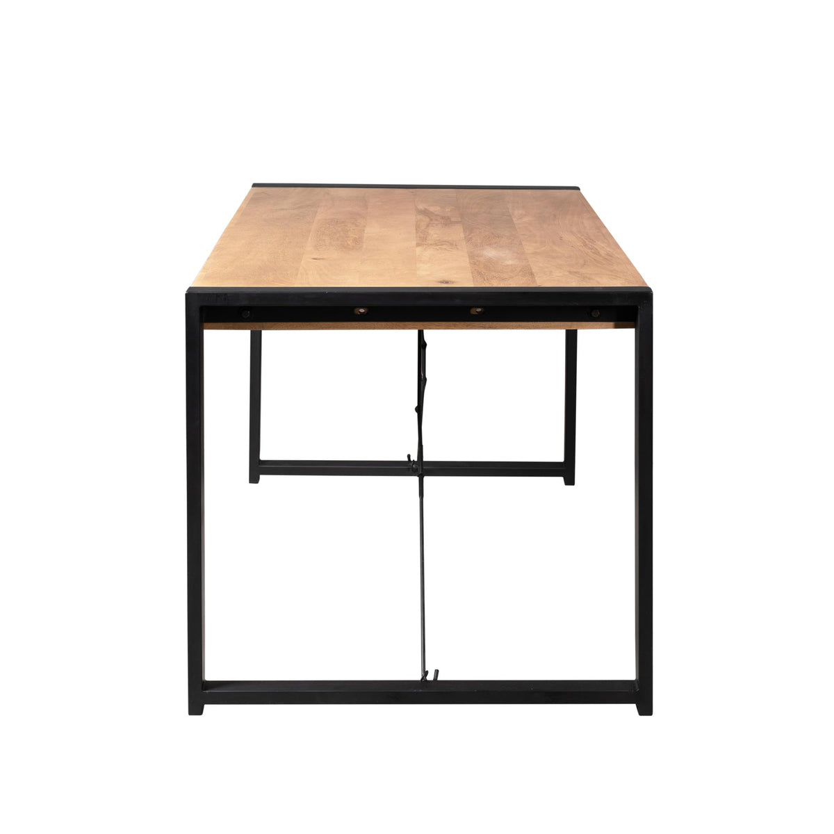 Eettafel met houten blad en zwart metalen pootframe, open onderzijde