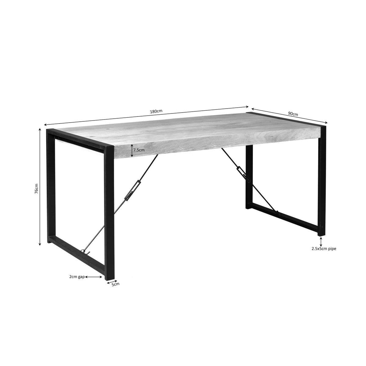 Eettafel 180 cm met houten blad, zwart metalen frame en maatvoering