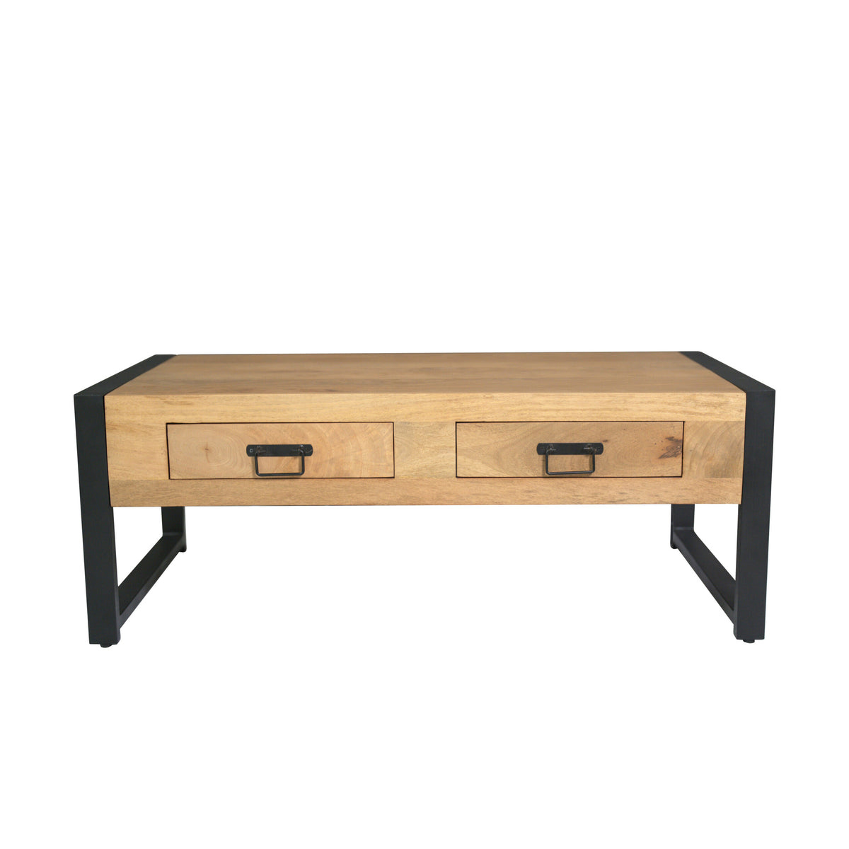 Salontafel met twee lades en zwart onderstel, licht houtkleurig blad.