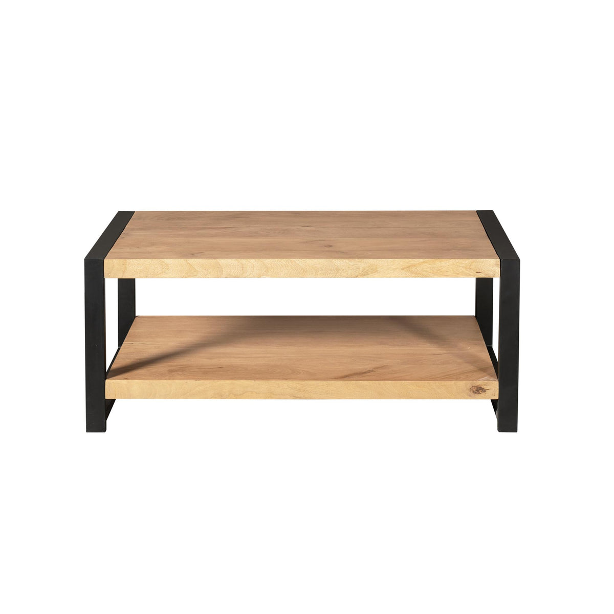 Salontafel met zwart frame en licht eiken blad, met open onderblad