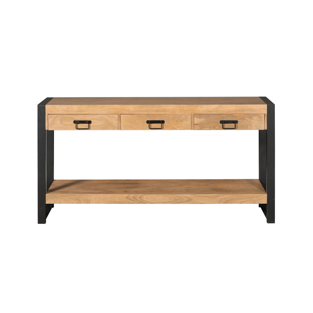 Bijzettafel met drie lades en open plank, licht hout en zwart frame