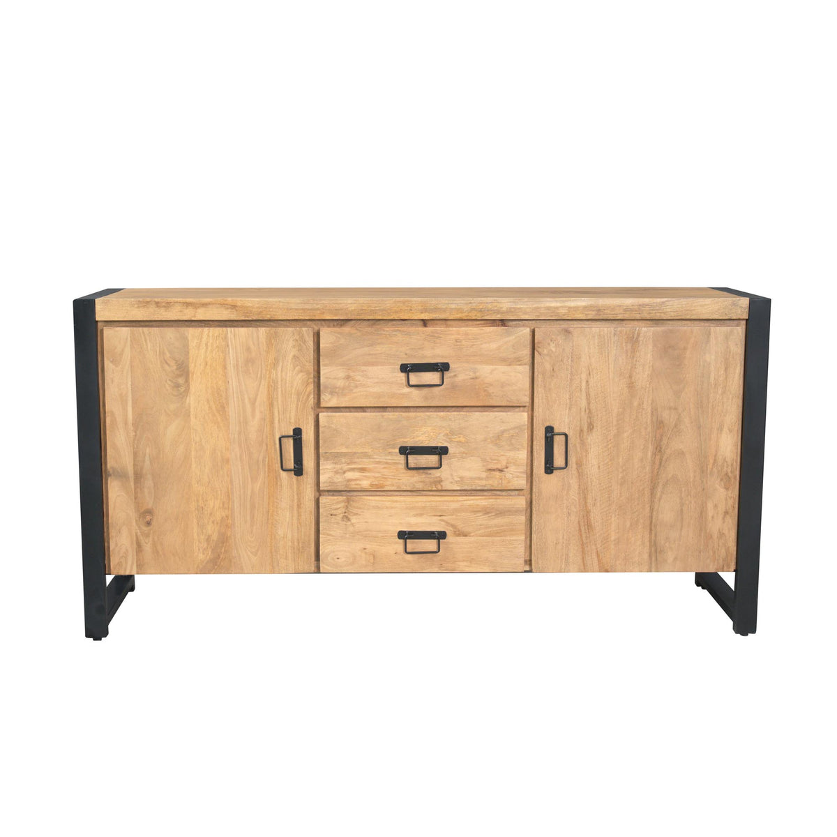 Dressoir met 2 deuren en 3 lades, eikenlook en zwarte metalen poten.