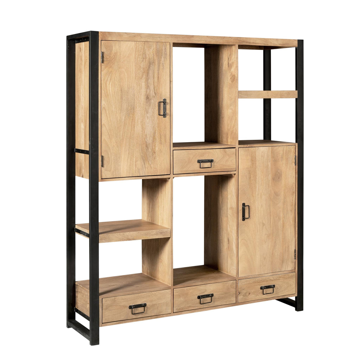 Vakkenkast in houtlook met open schappen, één ladefront en deur, zwart metalen frame