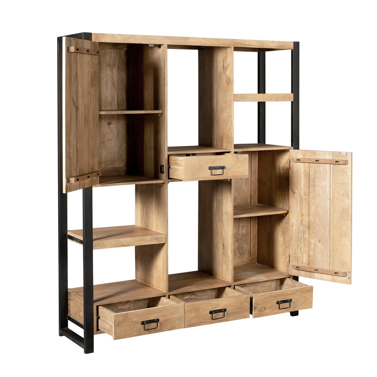 Vakkenkast met open schappen en legplanken, drie lades onderin, houtlook en zwart frame