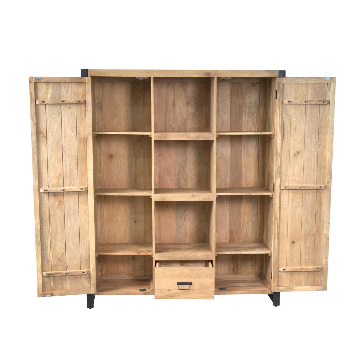 Boekenkast Britt met open vakken achter dubbele deuren, planken en middelste lade, 150 cm