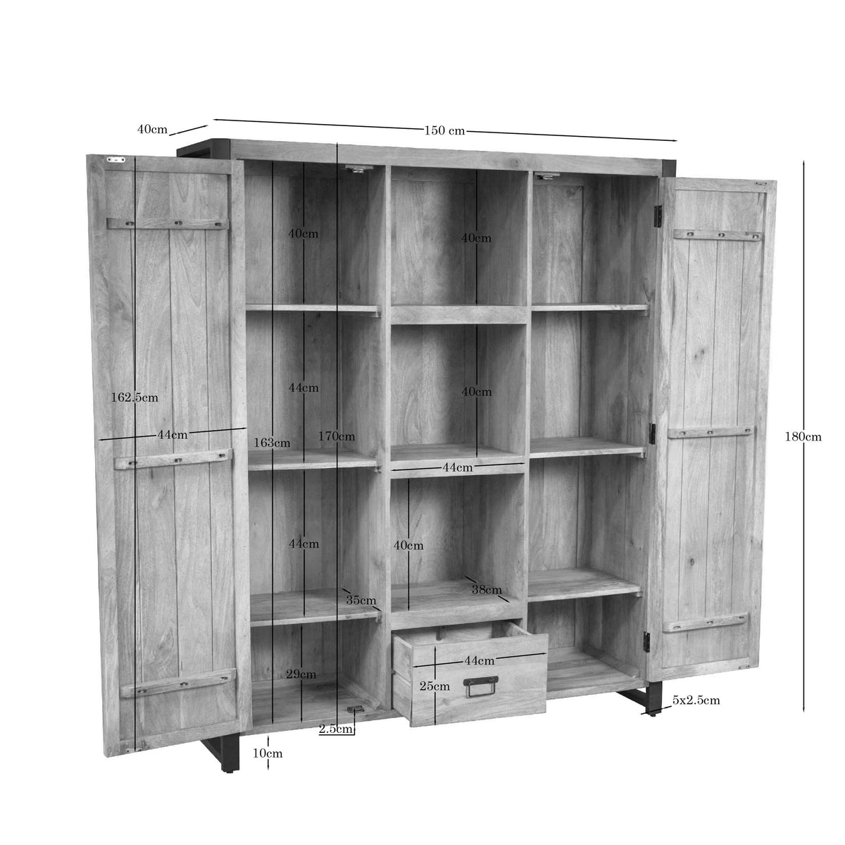 Boekenkast Britt met afmetingen en open vakindeling, eikenlook, 150 cm