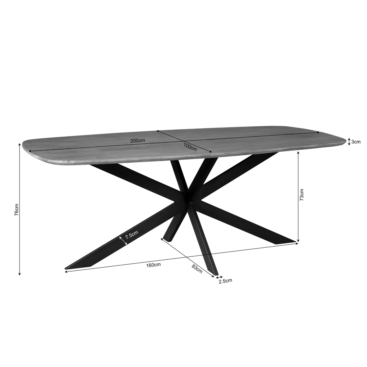 Ovale eettafel met donkergrijs blad en zwarte metalen kruispootonderstel.