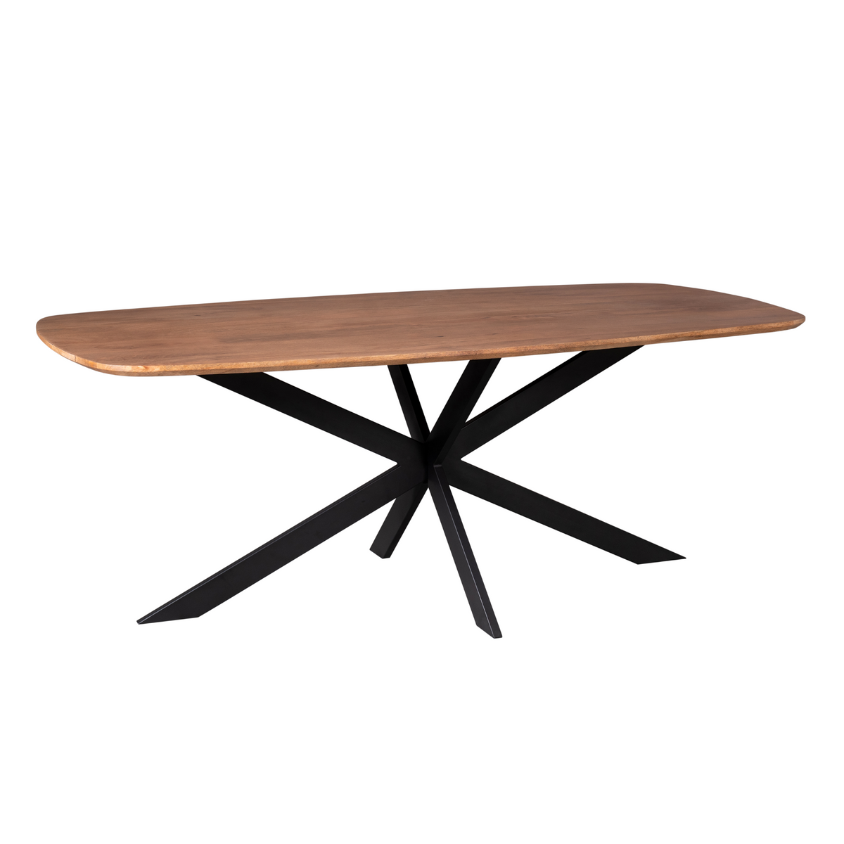 Ovale eettafel met bruin houten blad en zwarte metalen kruispootonderstel.