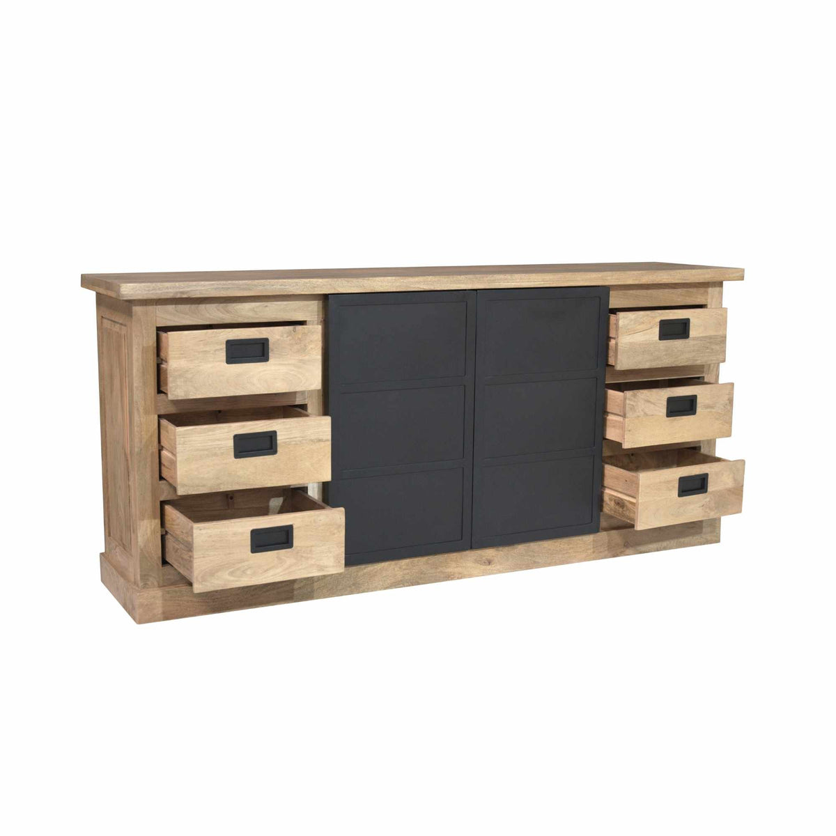 Dressoir met uitgeschoven laden, zwart middendeel met paneeldeuren, eikenlook, 200 cm